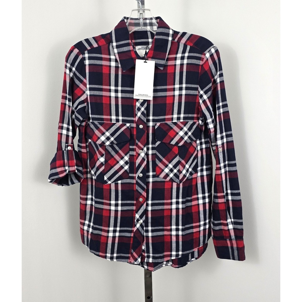 Zara‎ Woman Plaid Flannel Roll Tab Sleeve Top Blue Red White XS